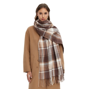 Classic khaki plaid scarf with tassels styled on camel coat for autumn winter fashion