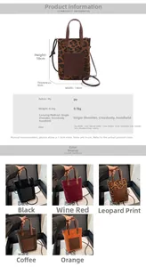 Detailed size chart and five color variants of the mini leopard print bucket bag
