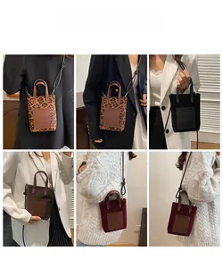 Detailed views of leopard print and solid color mini bucket bags shown on models