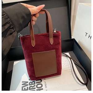 Luxury burgundy matte suede mini handbag with brown leather handles in premium gift box