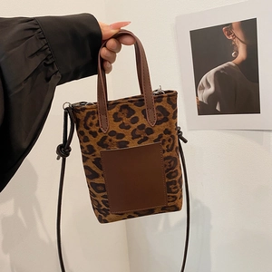 Women Mini Leopard Print Bucket Bag Retro Suede PU Leather Patchwork Crossbody Mobile Phone Bag Small Tote Handbag