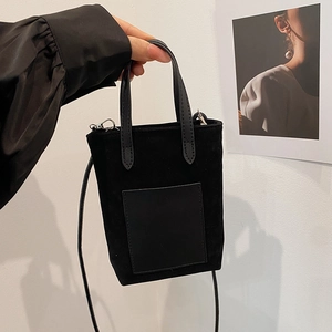 Mini black suede leopard bucket bag with leather pocket and shoulder strap for women