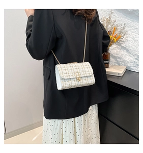Sac bandoulière en dentelle et paille avec chaîne dorée porté par un mannequin