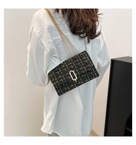 Detail of tweed crossbody bag with golden chain strap and buckle clasp on a model