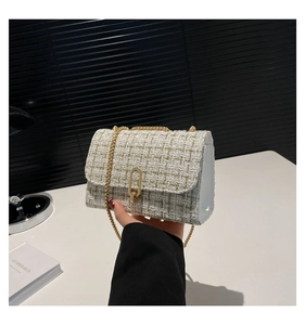 Détail du petit sac bandoulière en tweed blanc avec chaîne dorée et boucle chic