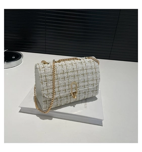 Vue détaillée du sac en tweed blanc avec sa bandoulière en chaîne dorée brillante