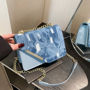Fashionable denim and leather patchwork small square chain shoulder bag for women