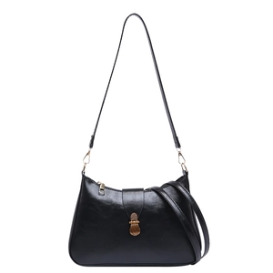 Classic black PU leather underarm bag with vintage wood-texture buckle and gold hardware
