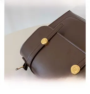 Close-up of golden circular metal hardware and leather strap on dark brown bag