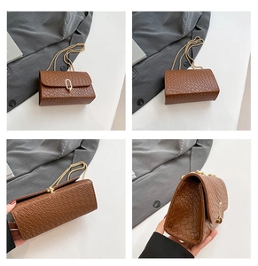 Detailed views of a brown crocodile pattern chain bag with gold hardware from multiple angles