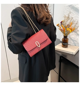 Detail view of red crocodile textured bag with gold chain strap and elegant metal clasp