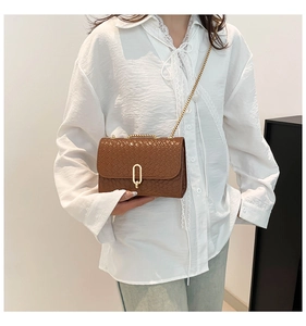 Detailed view of brown woven texture on a small square crossbody bag with gold chain strap