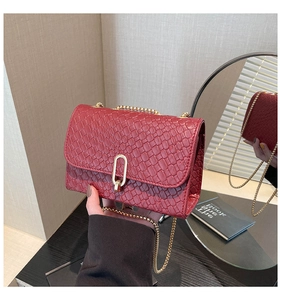Détail d'un sac à main rouge tressé avec boucle en U dorée et bandoulière chaîne