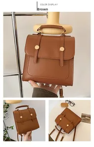 Detailed views of a brown vintage leather backpack with adjustable straps and metal buckles