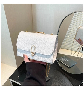 Détail du sac en cuir blanc tressé avec élégante chaîne dorée et fermoir en métal