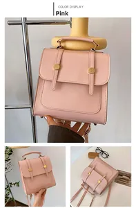 Pink faux leather backpack details showing front view, profile and interior structure