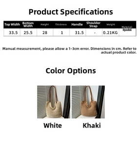 Size chart and dimensions for the woven cotton tote bag with handle measurements