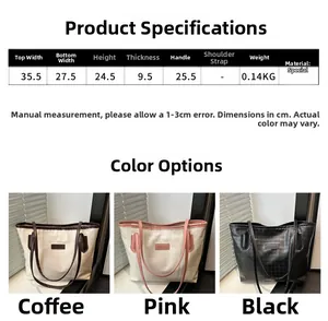 Tableau des tailles du grand sac cabas avec dimensions et options de couleur