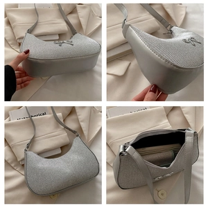 Detailed views of a silver crescent bag with bow metallic clasp and glittery finish