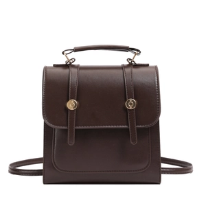 Deep brown retro PU leather women's backpack with minimalist golden buckles and top handle