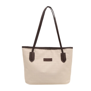 Grand sac cabas bicolore crème et marron foncé avec écusson Fashion & Bags brodé