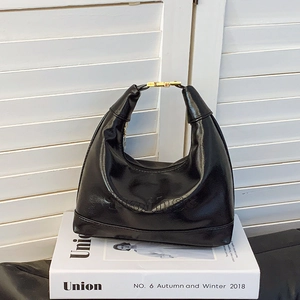 Women Hobo Shoulder Bag PU Leather Letter Embossed Half Moon Underarm Bag Retro Minimalist French Style Gold Hardware
