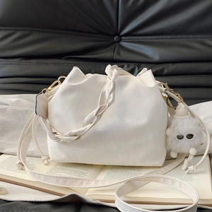 Women Korean Pleated Bucket Bag PU Leather Drawstring Shoulder Bag With Braided Handle Plush Charm Crossbody Small Handbag