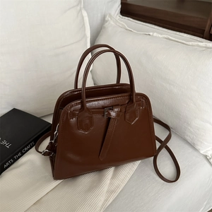 Vintage dark brown square shoulder bag in glossy synthetic leather for daily commute