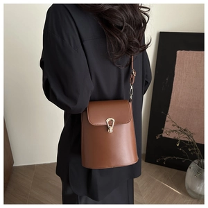 Brown leather bucket bag with gold horseshoe lock shown in an elegant lifestyle setting