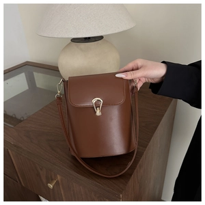 Detail of a dark brown leather bucket bag with a golden horseshoe lock and slim strap