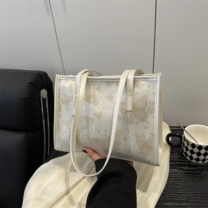 Women's cream tote bag with gold butterfly print and large capacity shoulder straps