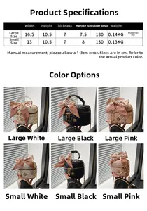 Detailed size chart and specifications for mini quilted crossbody bags with silk scarf detail