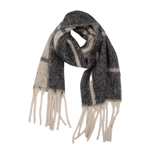 Winter boucle yarn scarf with grey and beige plaid check patterns and fringe trim