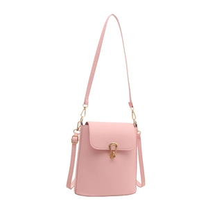 Minimalist soft pink leather crossbody bucket bag with elegant gold swivel clasp