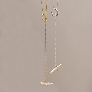 Double-layer Baroque freshwater pearl pendant necklace in gold and silver metal finishes