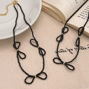 Handmade Black Faceted Beaded Bow Choker Necklace Elegant Minimalist Jewelry For Women