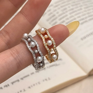 Minimalist irregular wavy zircon and pearl open rings in gold and silver finish