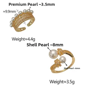 Détails de bagues dorées réglables avec perles et accents étincelants en zircon