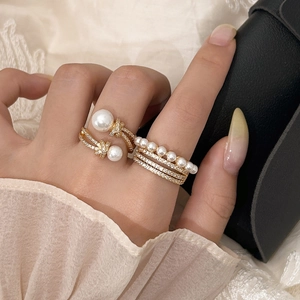 Bague Ouverte Réglable Avec Künstliche Perles Et Zirconium Minimaliste Multicouche Géométrique Design Noeud Bijoux Pour Femme
