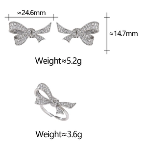 Bowknot zircon stud earrings and adjustable ring set with precise size and weight specs