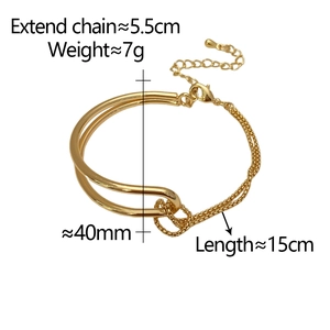 Detail view of gold layered bracelet featuring dimensions, weight, and lobster clasp closure