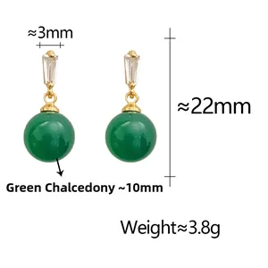 Detailed size specifications of green chalcedony drop earrings with gold plating