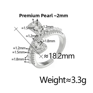 Technical diagram of zircon pearl knot ring showing 1.2mm to 2mm pearl sizes and dimensions