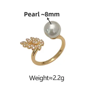 Detail view of adjustable pearl leaf ring with 8mm shell pearl and 2.2g weight specs