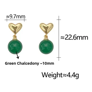 Macro shot showing green chalcedony heart earrings with 10mm bead and weight detail