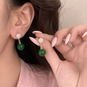 Boucles D'oreilles Pendantes En Calcédoine Verte Avec Zircon Incrusté Rond Support De Boucle D'oreille En Cuivre Vintage Élégant Pour Femmes