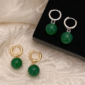Boucles D'Oreilles Créoles Rétro Françaises Avec Pendentif Perle Ronde En Calcédoine Verte Bijoux En Cuivre Pour Femme