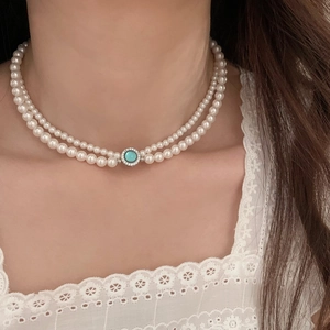 Collier De Künstliche Perles Superposées Choker Vintage Élégant Avec Pendentif En Pierre Oeil De Chat Bijoux Pour Femmes
