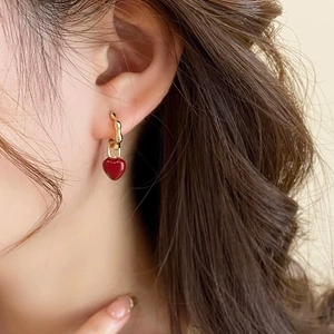 Boucles d'Oreilles Pendantes Cœur en Cuivre Plaqué Or Vintage Français Avec Tige en Argent Sterling 925 Boucles d'Oreilles Cœur en Émail pour Femme Bijoux