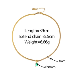 Detailed specs of green zircon square pendant necklace with gold snake chain measurements
